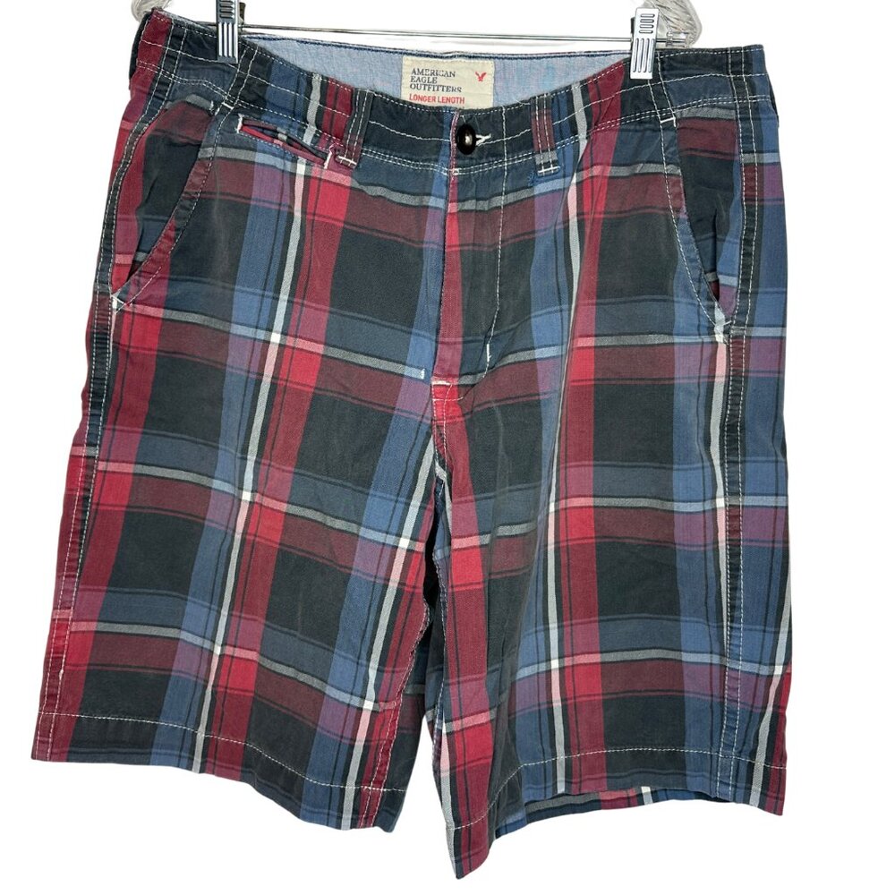 American Eagle Outfitters AE Longer Length Red and Blue Plaid Mens Shorts 36
